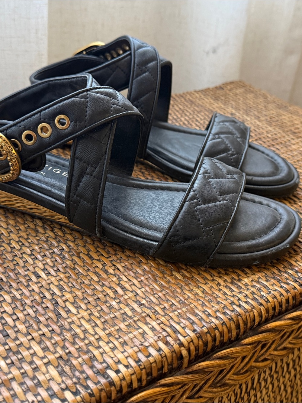 Kurt Geiger Black Quilted Double-Strap Sandals with Gold Buckle